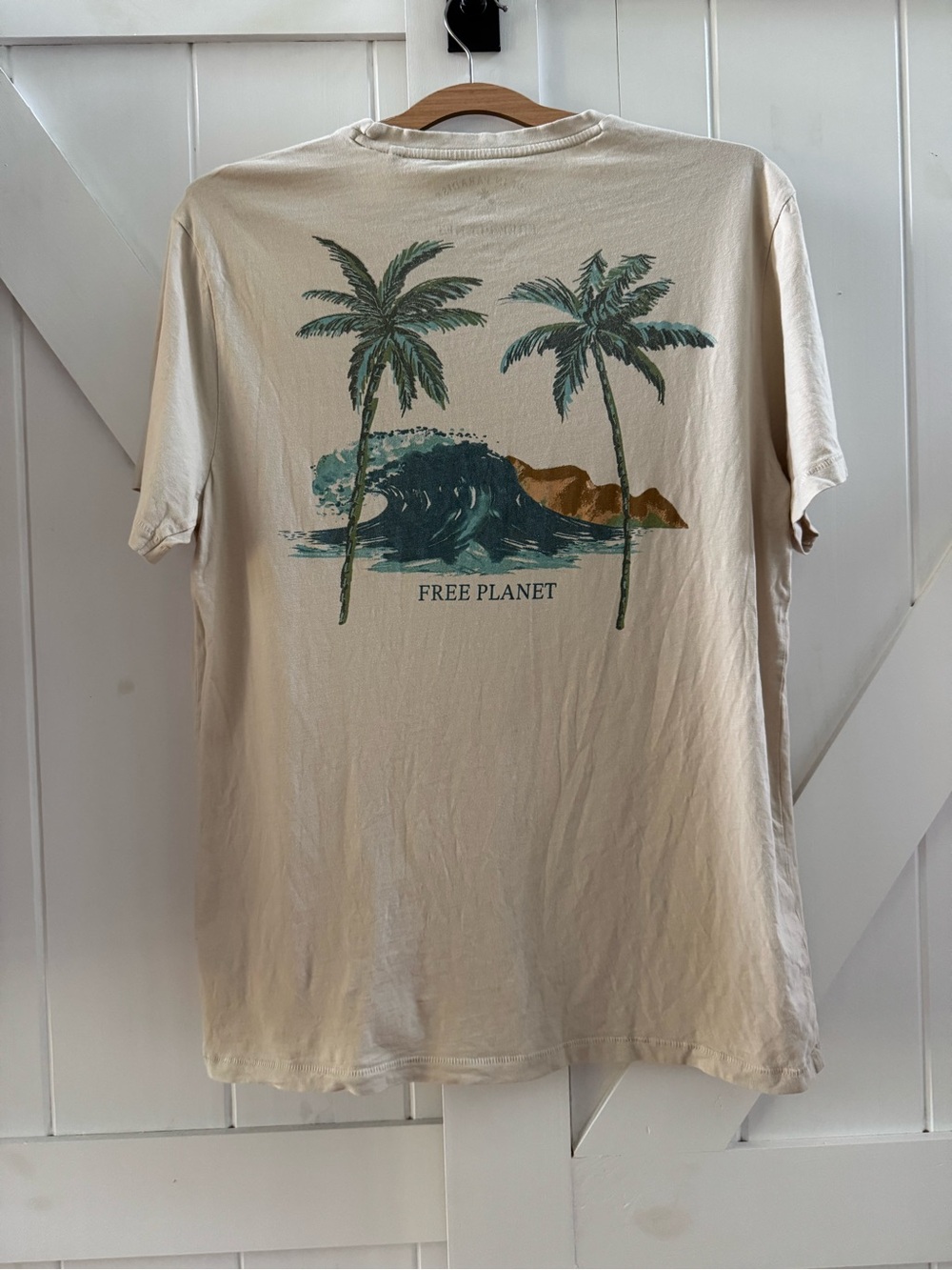 Free Planet Tropical “Live Life & Be Free” Organic Tee with Palm Trees & Waves